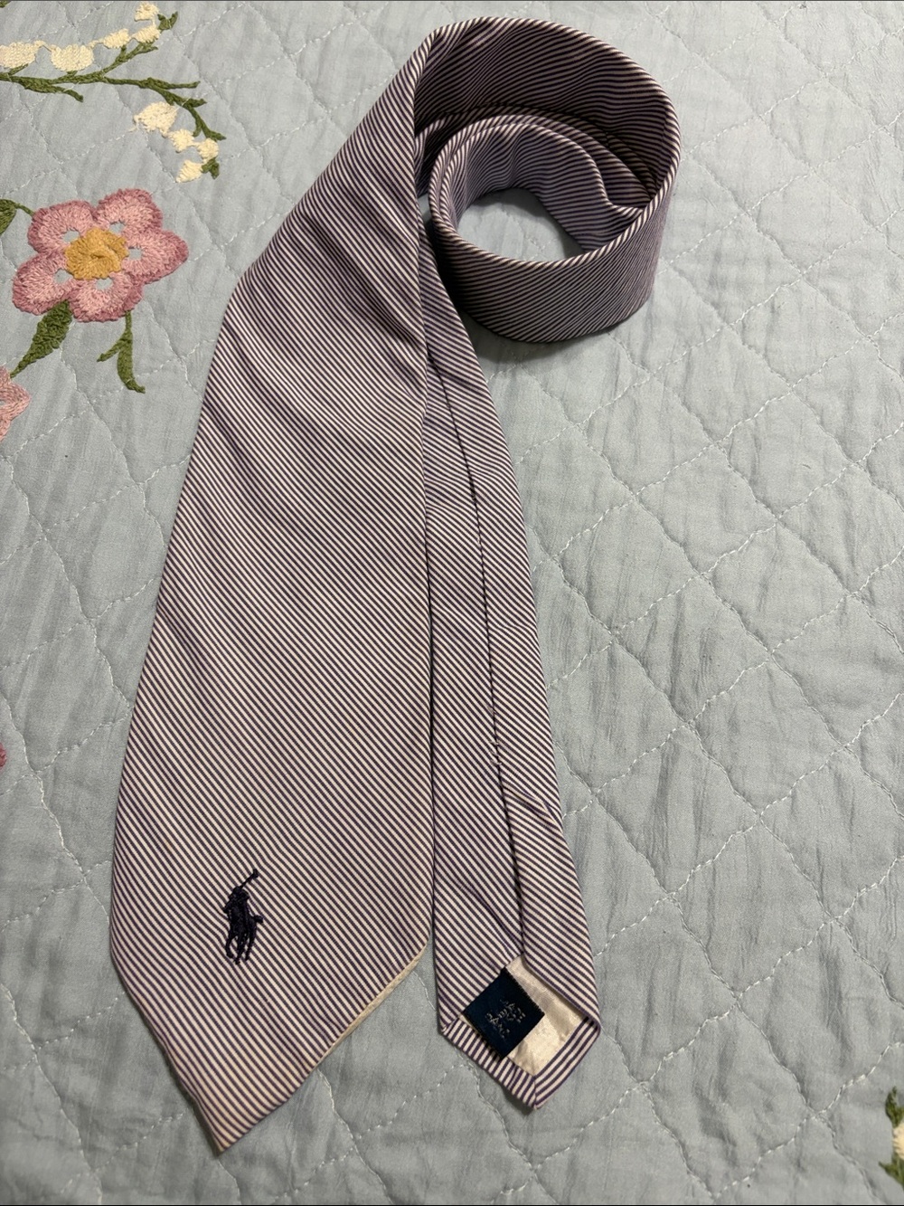 Polo Ralph Lauren Blue & White striped necktie embroidered logo PreOwned